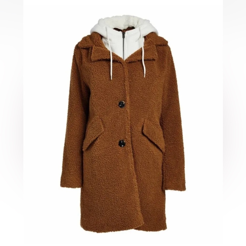 Steve Madden Brown & White Color Block Convertible Hooded Teddy Coat - Women M